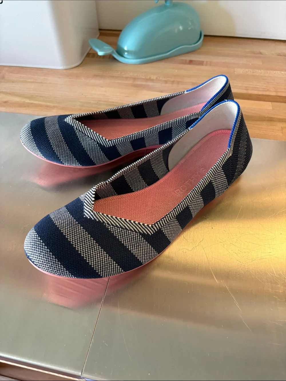 Rothy's Navy Blue and White Striped Ballet Flats with Rust Insole - Picture 5 of 5
